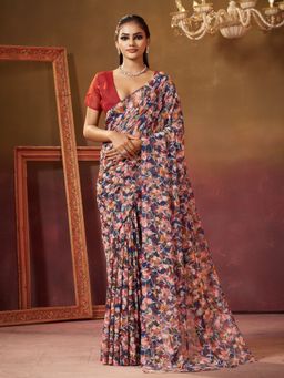 Garden VARELI - Women Viscose Blue Floral Print Saree with Unstitched Blouse