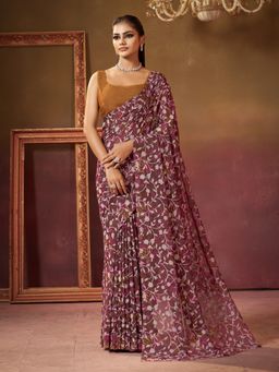 Garden VARELI - Women Brown Viscose Floral Print Saree with Unstitched Blouse