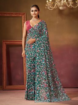 Garden VARELI - Women Teal Viscose Floral Print Saree with Unstitched Blouse