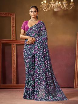 Garden VARELI - Women Blue Casual Viscose Floral Print Saree with Unstitched Blouse