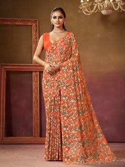 Garden VARELI - Women Orange Viscose Floral Print Saree with Unstitched Blouse