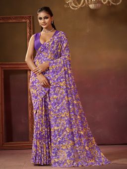Garden VARELI - Women Viscose Purple Floral Print Saree with Unstitched Blouse