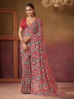 Garden VARELI - Women Red Viscose Floral Print Saree with Unstitched Blouse