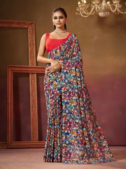 Garden VARELI - Women Blue Viscose Floral Print Saree with Unstitched Blouse