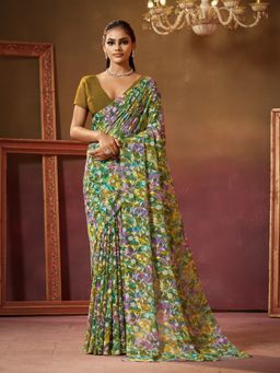Garden VARELI - Women Green Viscose Floral Print Saree with Unstitched Blouse