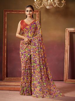 Garden VARELI - Women Purple Viscose Floral Print Saree with Unstitched Blouse