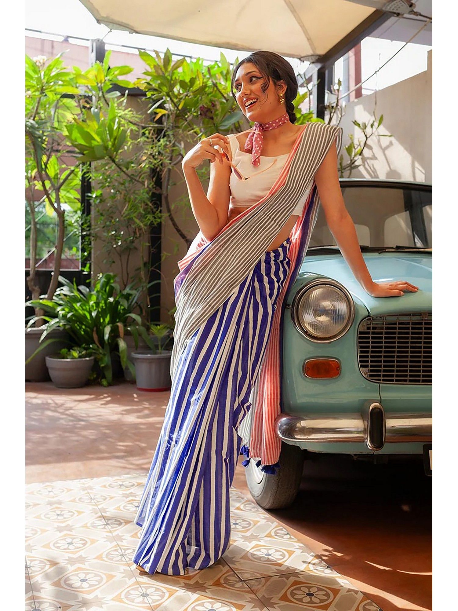 anjaneya sarees Women Linen Blend Stripes Printed Saree with Unstitched Blouse-picture-41