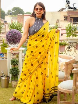 Anjaneya Sarees - Women Yellow Linen Blend Printed Saree with Unstitched Blouse
