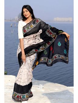 Anjaneya Sarees - Women Multicolour Linen Blend Printed Saree with Unstitched Blouse