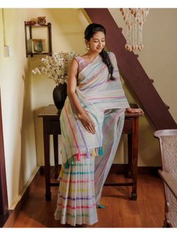 Anjaneya Sarees - Women Linen Blend Stripes Printed Saree with Unstitched Blouse