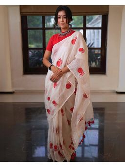 Anjaneya Sarees - Women White Linen Blend Printed Saree with Unstitched Blouse