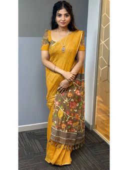 Anjaneya Sarees - Women Mustard Saree with Unstitched Blouse