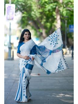 Anjaneya Sarees - Women Blue Linen Blend Printed Saree with Unstitched Blouse