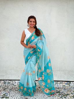 Anjaneya Sarees - Women Blue Linen Blend Floral Printed Saree with Unstitched Blouse