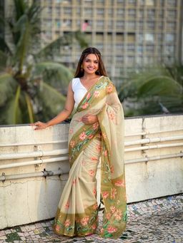 Anjaneya Sarees - Women Linen Blend Floral Printed Saree with Unstitched Blouse