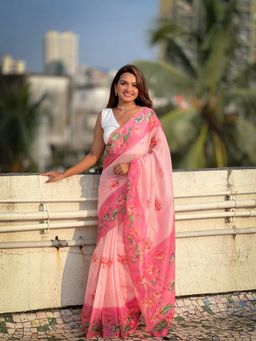 Anjaneya Sarees - Women Beige Linen Blend Floral Printed Saree with Unstitched Blouse