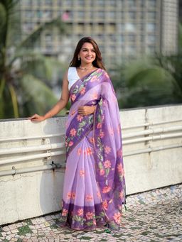 Anjaneya Sarees - Women Pink Linen Blend Floral Printed Saree with Unstitched Blouse
