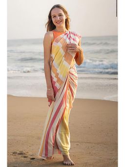 Anjaneya Sarees - Women Yellow Linen Blend Stripes Printed Saree with Unstitched Blouse