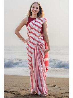 Anjaneya Sarees - Women Red Linen Blend Stripes Printed Saree with Unstitched Blouse