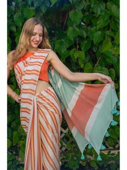 Anjaneya Sarees - Women Orange Linen Blend Stripes Printed Saree with Unstitched Blouse
