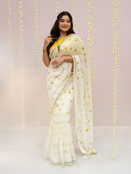 Anjaneya Sarees - Women White Printed Saree with Unstitched Blouse
