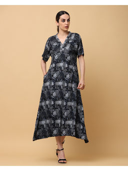 Black & Blah Blah - Relaxed Fit Abstract Printed A-Line Liva Rayon Midi Dress