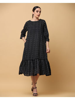 Black & Blah Blah - Relaxed Fit Floral Printed Tiered Pure Cotton Monochrome Midi Dress