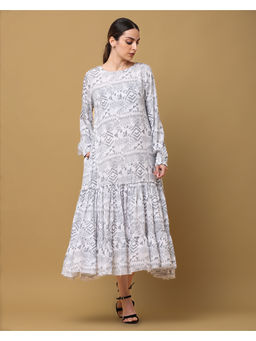 Black & Blah Blah - Relaxed Fit Ikat Printed Tiered Liva Rayon Midi Dress