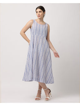 Black & Blah Blah - Relaxed Fit Stripes Printed A-Line Pure Cotton Midi Dress