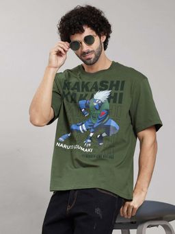 Free Authority - Olive Naruto Printed Oversized T-Shirt for Men