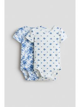 H&M - Girls Blue 2-Pack Floral-Print Pointelle Bodysuits