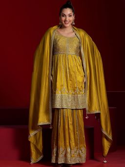 Libas Art - Mustard Embroidered Silk Blend Kurti with Sharara and Dupatta