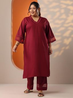 Extra love by Libas - Maroon Rayon Straight Solid Lace Work Co-Ord Set