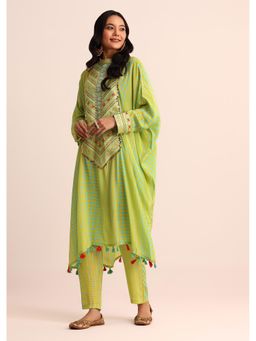 KALKI FASHION - Green Printed Embroidered Crepe Kaftan with Pant