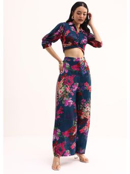 KALKI FASHION - Navy Blue Floral Printed Sequined Work Chinon Co-Ord Set