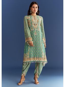 KALKI FASHION - Mint Green Crepe Printed Mirror Work Kurta with Dhoti