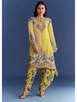 KALKI FASHION - Lime Green Muslin Floral Printed Sequined Kurta with Dhoti