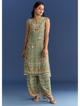KALKI FASHION - Mint Green Crepe Printed Mirror Work Kurta with Pant