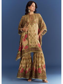 KALKI FASHION - Beige Floral Printed Sequined Work Kaftan with Inner and Sharara