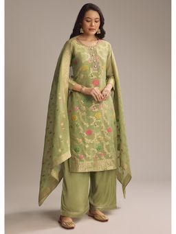 KALKI FASHION - Green Woven Tissue Kurta with Palazzo and Dupatta