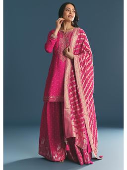 KALKI FASHION - Rani Pink Russian Silk Kurti with Palazzo and Banarasi Dupatta