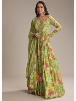 KALKI FASHION - Light Green Chinon Floral Sequined Anarkali Kurta with Dupatta