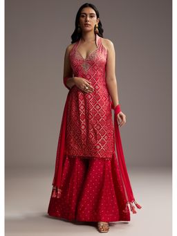KALKI FASHION - Red Bandhani Printed Kurta with Palazzo and Dupatta