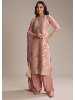 KALKI FASHION - Pink Floral Woven Tissue Kurta with Palazzo and Dupatta