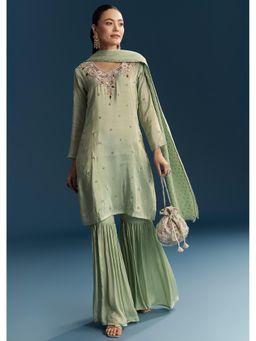 KALKI FASHION - Green Tissue Embroidery Zardozi Kurta with Sharara and Dupatta