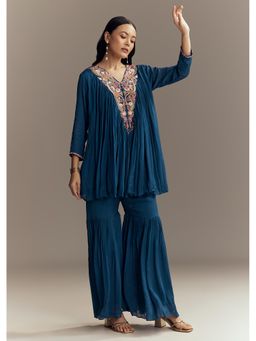 KALKI FASHION - Navy Blue Chinon Embroidered Zardozi Short Kurti with Sharara