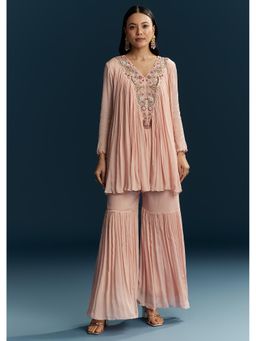 KALKI FASHION - Peach Chinon Embroidered Zardozi Short Kurti with Sharara