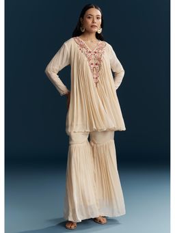 KALKI FASHION - Cream Chinon Embroidered Zardozi Short Kurti with Sharara