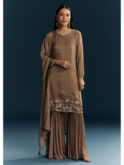 KALKI FASHION - Brown Embroidered Zardozi Work Kurta with Sharara and Dupatta