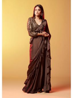 PHATAKAA - Dark Brown Silk Ruffled Saree without Blouse